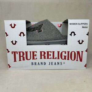 grey true religion slippers with bedazzled logo
new in box but were tried on onc